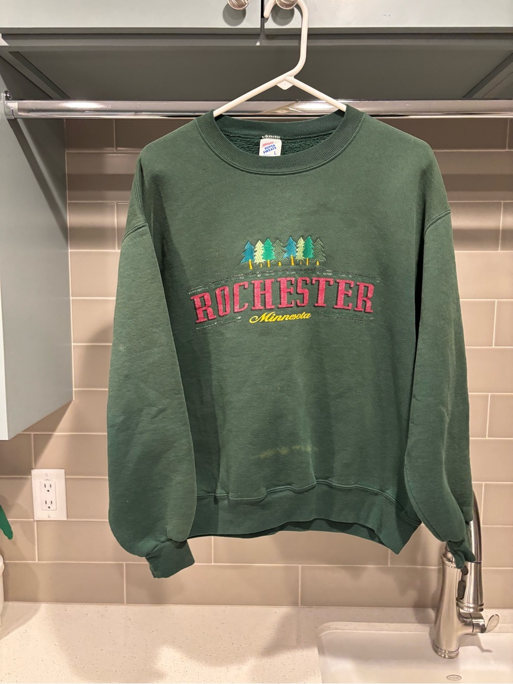 Vintage 80s Rochester Minnesota Jerzees Forest Green Crewneck Sweatshirt Size L
